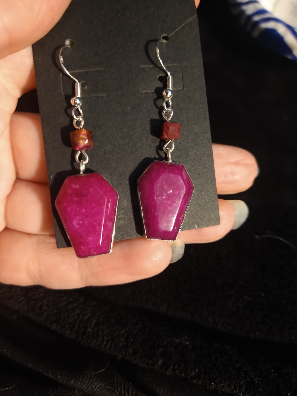 Handmade Magenta Fushite Coffin Dangle Earrings - Women Jewelry